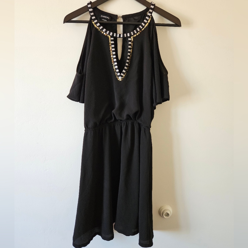 bebe Cold Sholder Blouson Dress with Sequin Trim